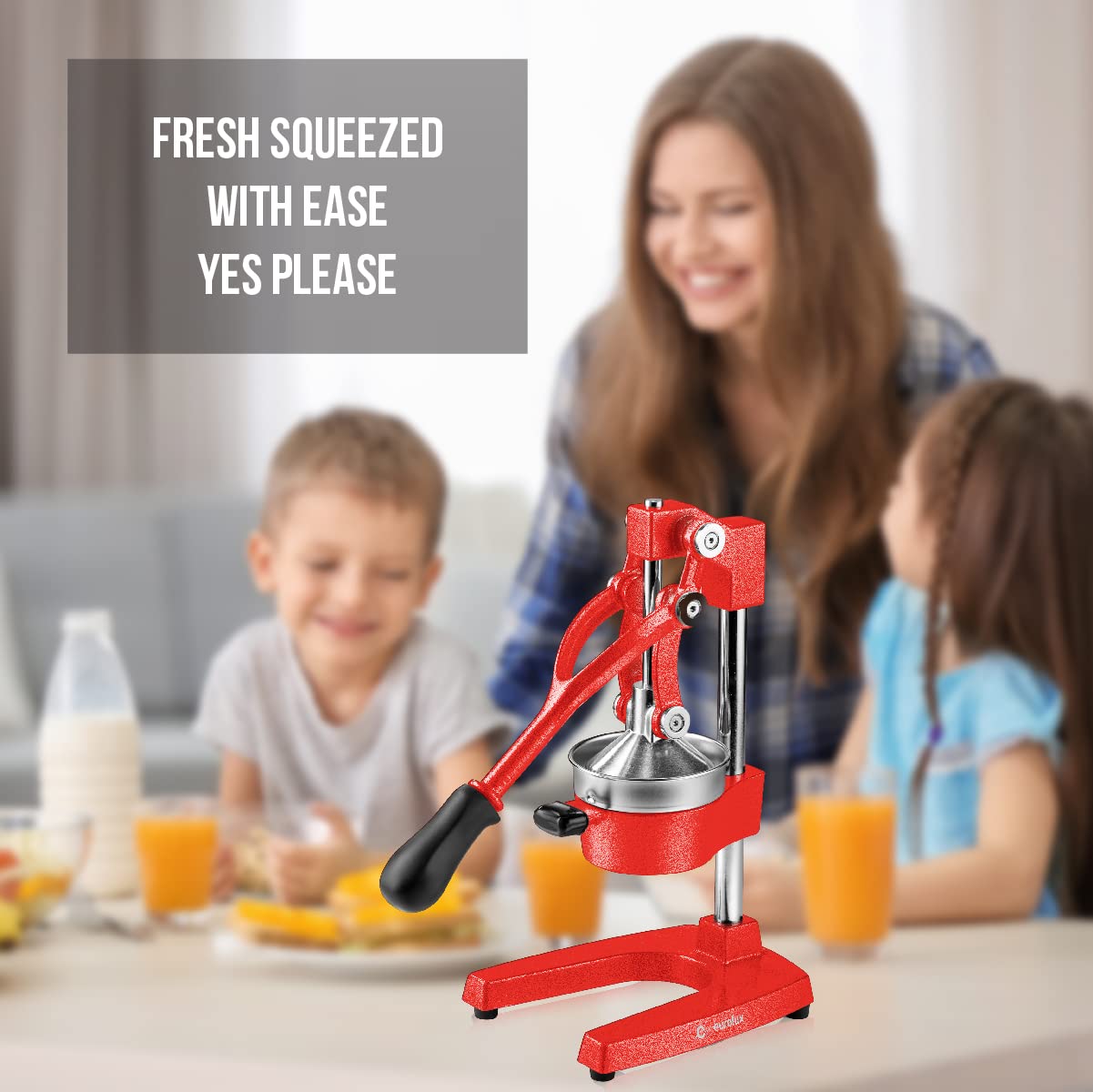 Eurolux Ultra-Premium Cast Iron Juicer | Extra-Large, Heavy Duty, Commercial Grade, Stainless Steel Manual Hand Press Citrus Squeezer For Fresh Orange Juice, Pomegranate, Lemon, and Much More (Red)