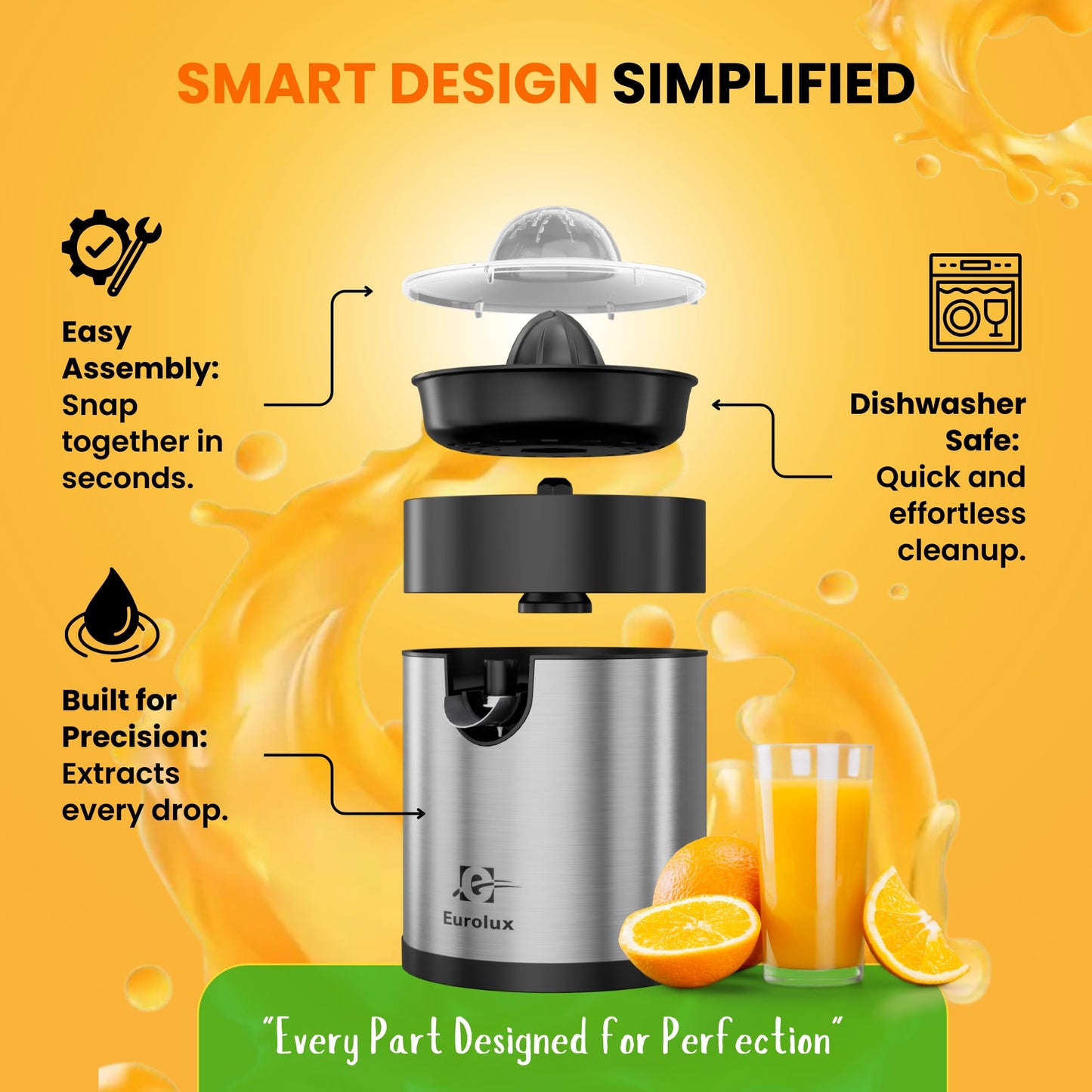 Eurolux Electric Orange Juicer, Sleek Effortless Citrus Juice Squeezer for Lemon, Lime, Grapefruit | Powerful Motor, Easy to Clean, Removable Dishwasher-Safe Parts