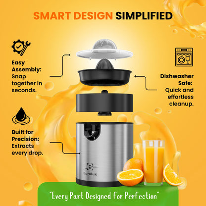 Eurolux Electric Orange Juicer, Sleek Effortless Citrus Juice Squeezer for Lemon, Lime, Grapefruit | Powerful Motor, Easy to Clean, Removable Dishwasher-Safe Parts