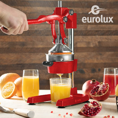 Eurolux Ultra-Premium Cast Iron Juicer | Extra-Large, Heavy Duty, Commercial Grade, Stainless Steel Manual Hand Press Citrus Squeezer For Fresh Orange Juice, Pomegranate, Lemon, and Much More (Red)