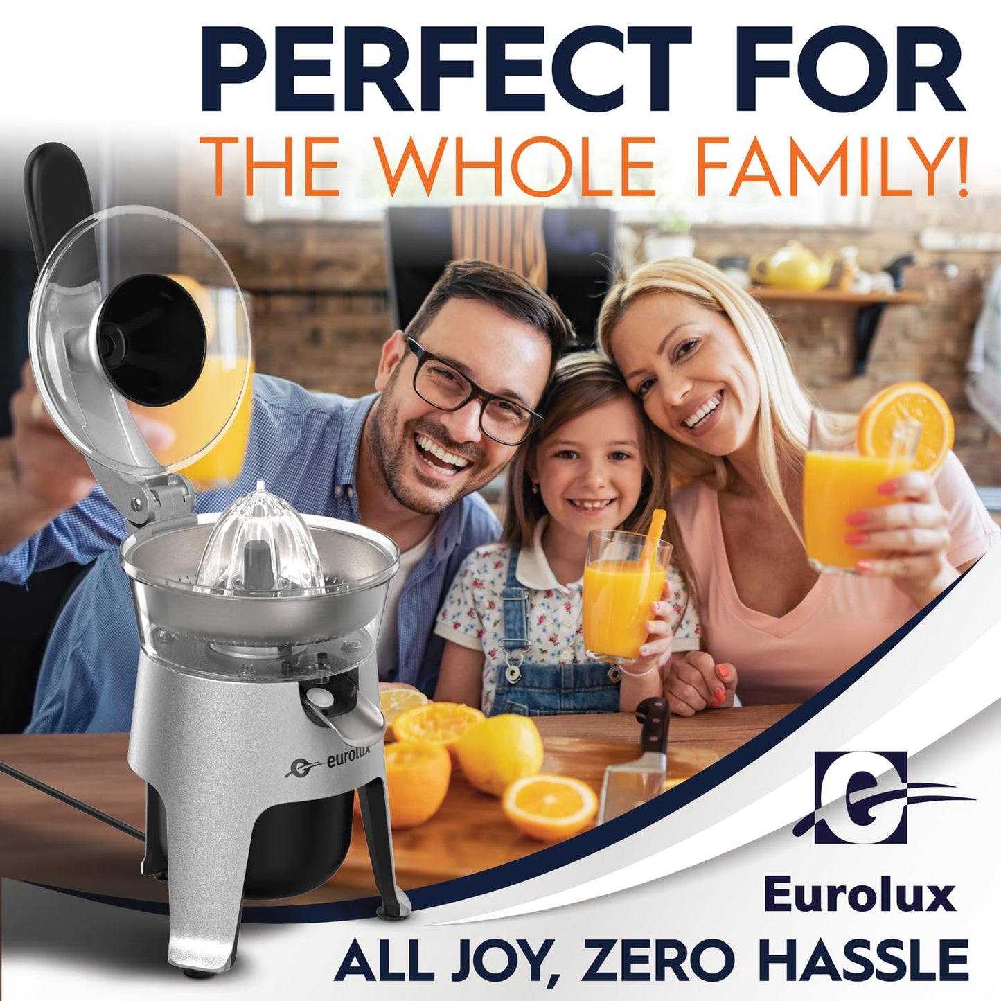 Eurolux Die Cast Stainless Steel Electric Citrus Juicer Squeezer, for Orange, Lemon, Grapefruit | 300 Watts of Power, With 2 Stainless Steel Filter Sizes for Pulp Control