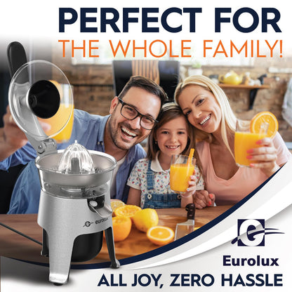 Eurolux Die Cast Stainless Steel Electric Citrus Juicer Squeezer, for Orange, Lemon, Grapefruit | 300 Watts of Power, With 2 Stainless Steel Filter Sizes for Pulp Control