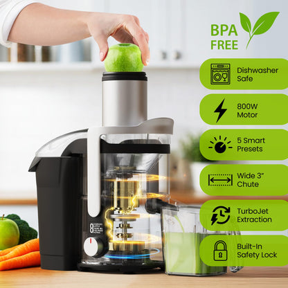 Eurolux Centrifugal Juicer Machine, Easy to Clean Juice Extractor with 3" Feed Chute for Less Cutting, Stainless Steel & BPA-Free