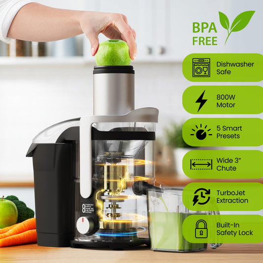 Eurolux Centrifugal Juicer Machine, Easy to Clean Juice Extractor with 3" Feed Chute for Less Cutting, Stainless Steel & BPA-Free