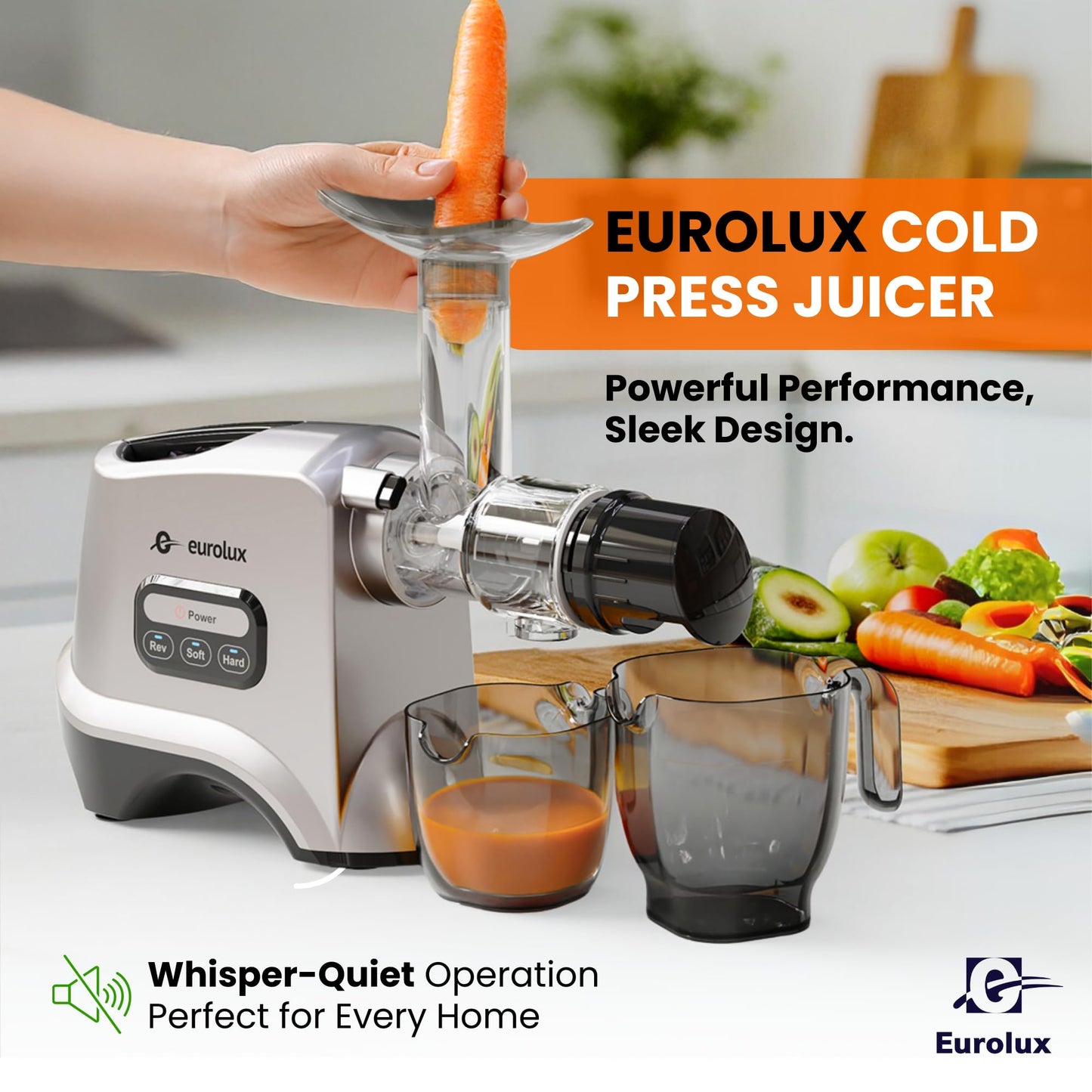 Eurolux Slow Masticating Juicer – Cold Press Machine for High-Yield Juice Extraction – Quiet & Powerful Juicer for Fruits and Vegetables – Easy to Clean, BPA-Free & Nutrient-Rich – Compact Design