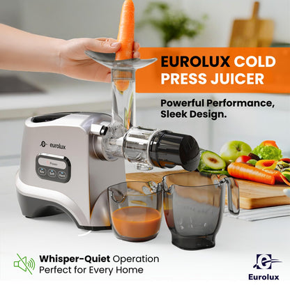 Eurolux Slow Masticating Juicer – Cold Press Machine for High-Yield Juice Extraction – Quiet & Powerful Juicer for Fruits and Vegetables – Easy to Clean, BPA-Free & Nutrient-Rich – Compact Design