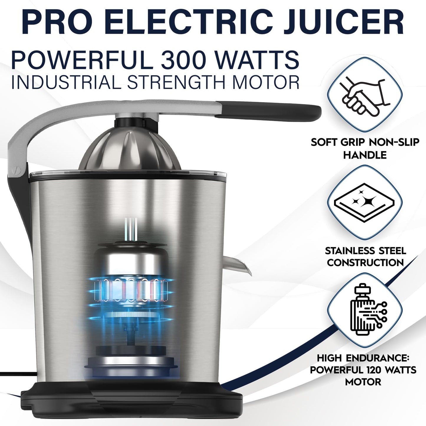 Eurolux Electric Citrus Juicer Power Pro - With 300 Watts of Power, This is The Most Powerful Juicer, for an Easy Smooth Juicing Experience | with Its New Updated Design