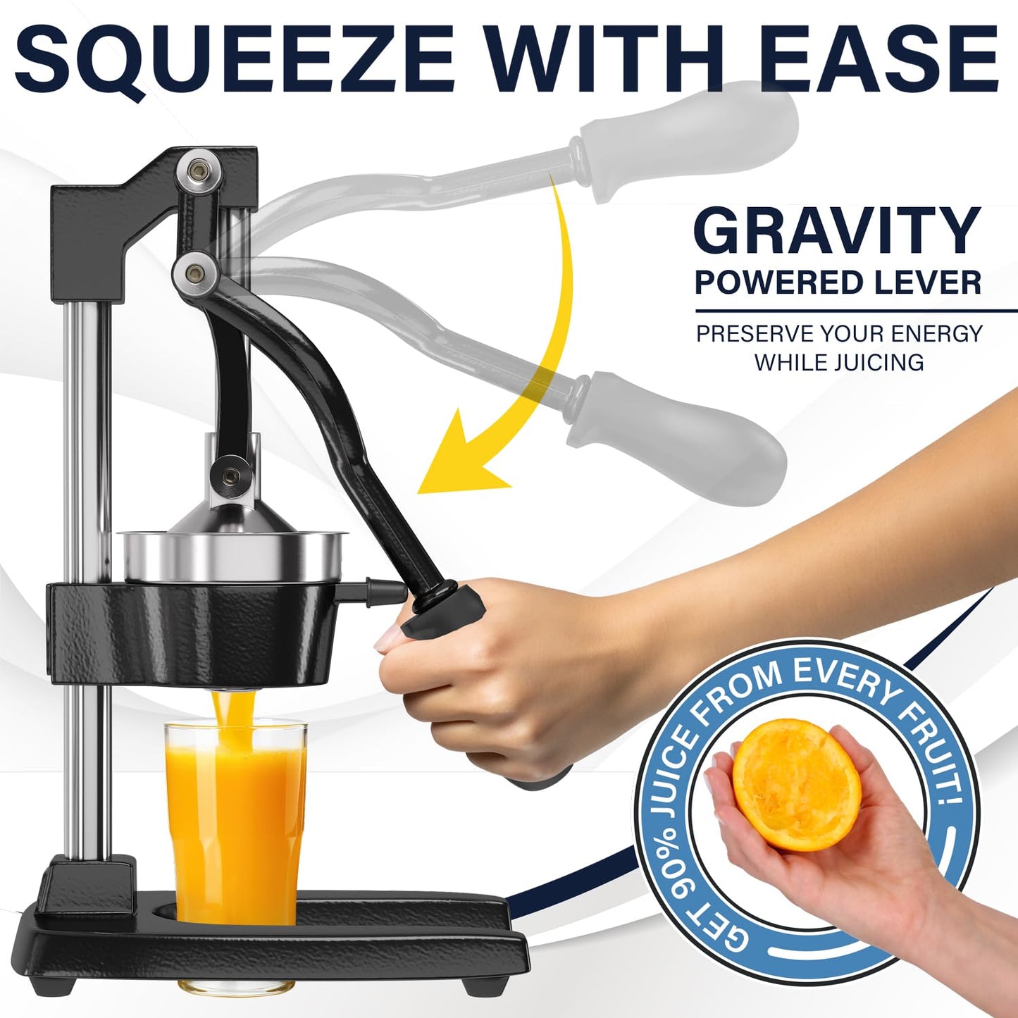 Eurolux Ultra-Premium Cast Iron Juicer | Extra-Large, Heavy Duty, Commercial Grade, Stainless Steel Manual Hand Press Citrus Squeezer For Fresh Orange Juice, Pomegranate, Lemon, and Much More (Orange)
