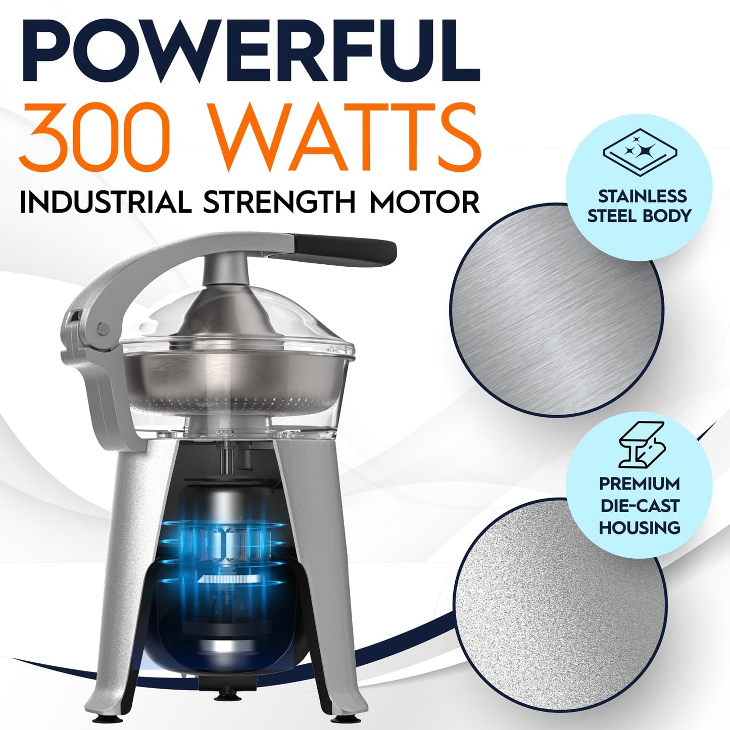 Eurolux Die Cast Stainless Steel Electric Citrus Juicer Squeezer, for Orange, Lemon, Grapefruit | 300 Watts of Power, With 2 Stainless Steel Filter Sizes for Pulp Control