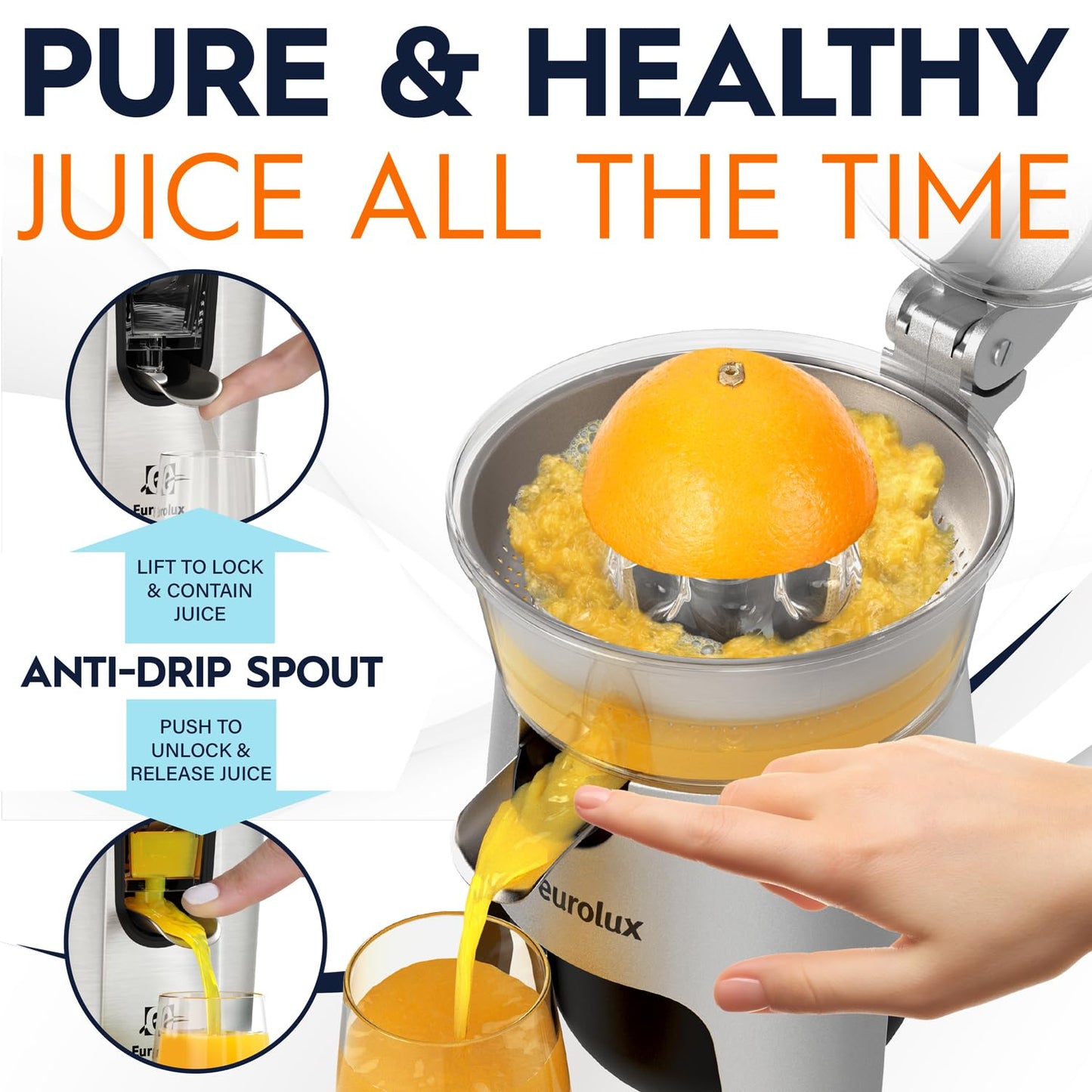 Eurolux Die Cast Stainless Steel Electric Citrus Juicer Squeezer, for Orange, Lemon, Grapefruit | 300 Watts of Power, With 2 Stainless Steel Filter Sizes for Pulp Control