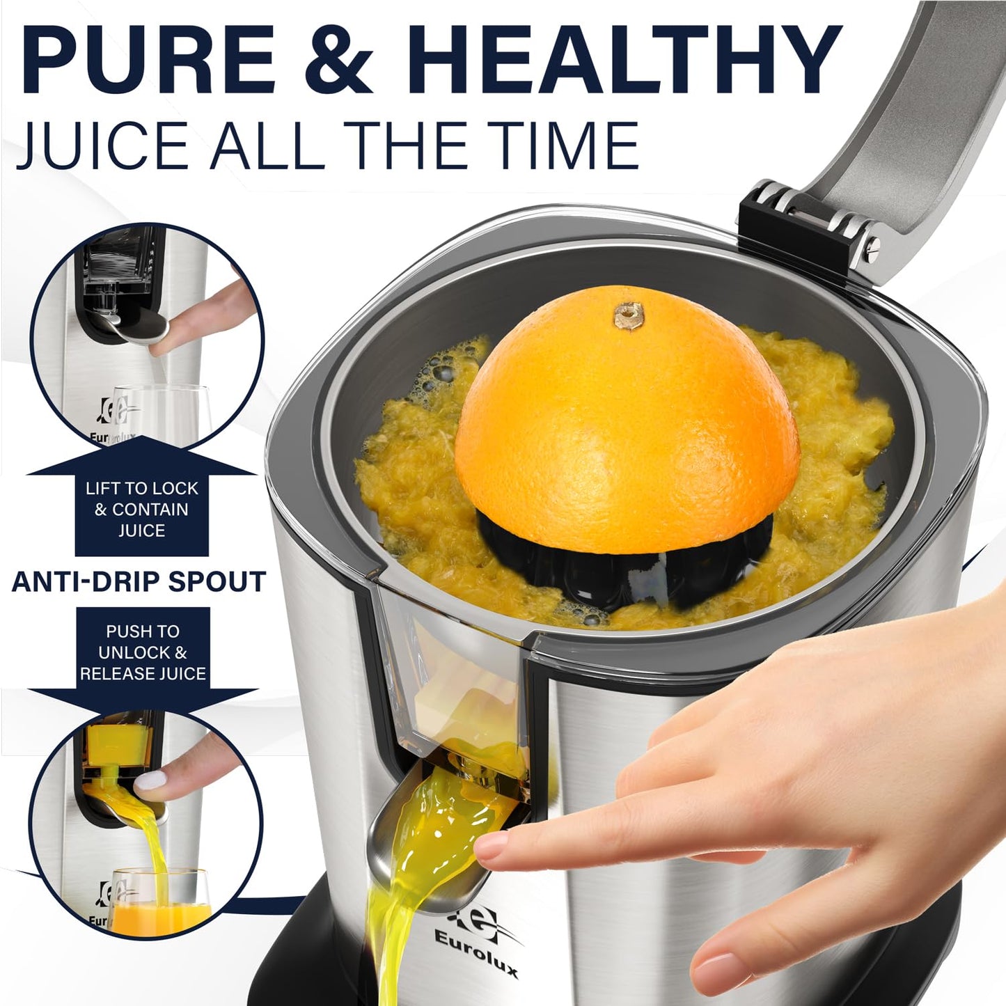 Eurolux Electric Citrus Juicer Power Pro - With 300 Watts of Power, This is The Most Powerful Juicer, for an Easy Smooth Juicing Experience | with Its New Updated Design