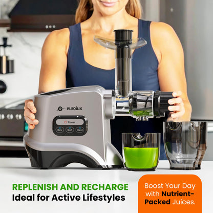 Eurolux Slow Masticating Juicer – Cold Press Machine for High-Yield Juice Extraction – Quiet & Powerful Juicer for Fruits and Vegetables – Easy to Clean, BPA-Free & Nutrient-Rich – Compact Design