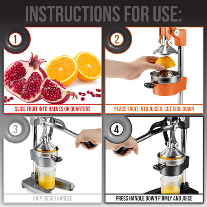 Eurolux Ultra-Premium Cast Iron Juicer | Extra-Large, Heavy Duty, Commercial Grade, Stainless Steel Manual Hand Press Citrus Squeezer For Fresh Orange Juice, Pomegranate, Lemon, and Much More (Red)