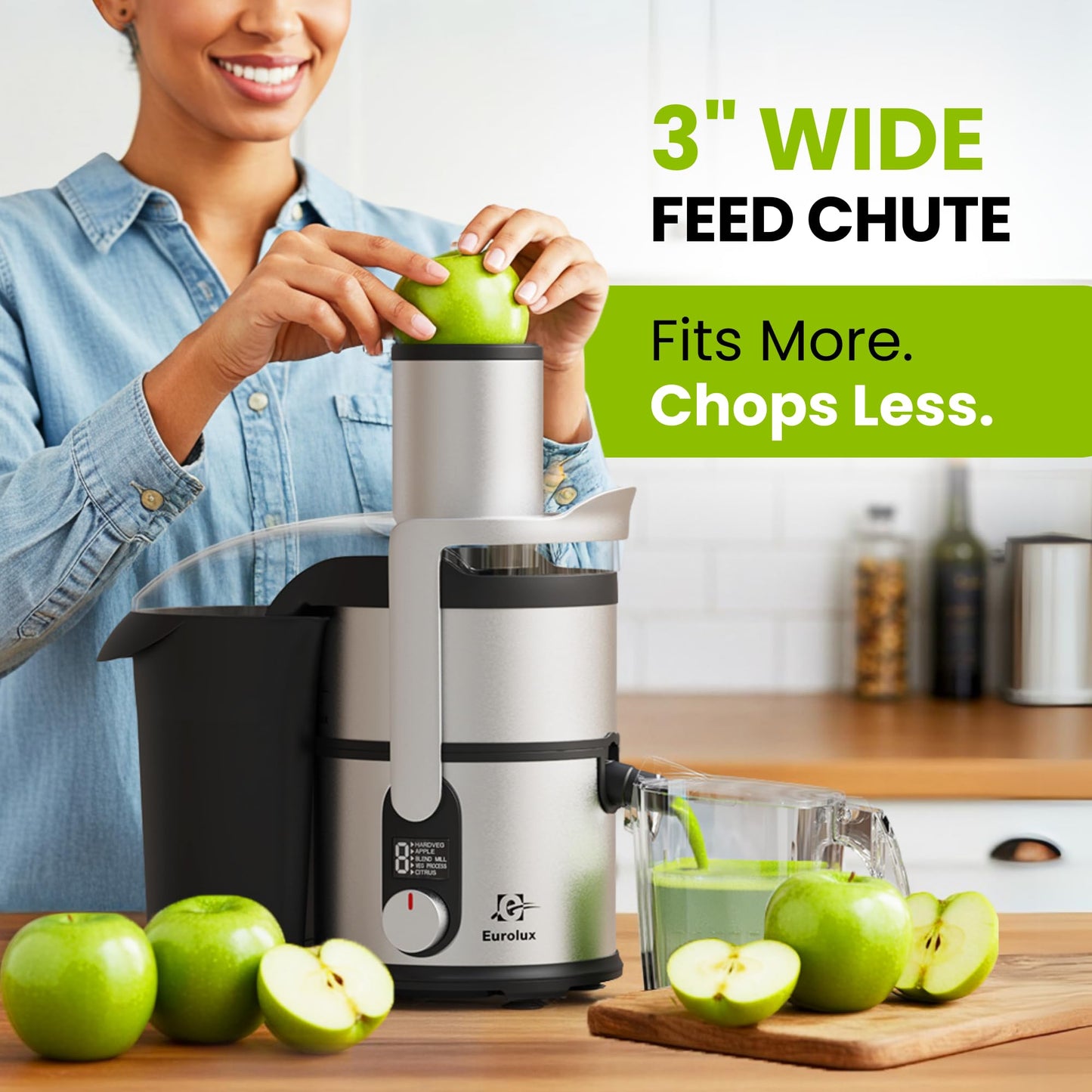 Eurolux Centrifugal Juicer Machine, Easy to Clean Juice Extractor with 3" Feed Chute for Less Cutting, Stainless Steel & BPA-Free