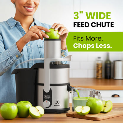 Eurolux Centrifugal Juicer Machine, Easy to Clean Juice Extractor with 3" Feed Chute for Less Cutting, Stainless Steel & BPA-Free