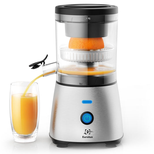 Eurolux Electric Citrus Juicer Stainless Steel | Premium Hands-Free One-Touch Orange Juice Squeezer for Oranges, Lemons, and Limes | Quiet Operation, Easy to Clean, Countertop Small Kitchen Appliance