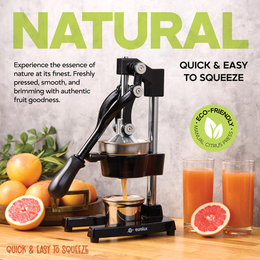 Eurolux Ultra-Premium Cast Iron Juicer | Extra-Large, Heavy Duty, Commercial Grade, Stainless Steel Manual Hand Press Citrus Squeezer For Fresh Orange Juice, Pomegranate, Lemon, and Much More (Black)