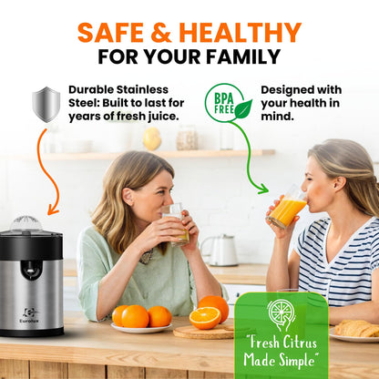 Eurolux Electric Orange Juicer, Sleek Effortless Citrus Juice Squeezer for Lemon, Lime, Grapefruit | Powerful Motor, Easy to Clean, Removable Dishwasher-Safe Parts