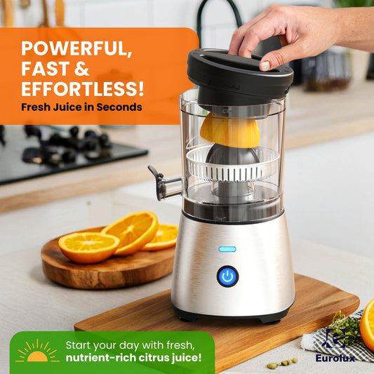 Eurolux Electric Citrus Juicer Stainless Steel | Premium Hands-Free One-Touch Orange Juice Squeezer for Oranges, Lemons, and Limes | Quiet Operation, Easy to Clean, Countertop Small Kitchen Appliance