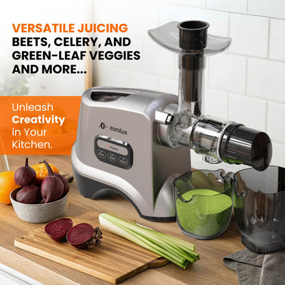 Eurolux Slow Masticating Juicer – Cold Press Machine for High-Yield Juice Extraction – Quiet & Powerful Juicer for Fruits and Vegetables – Easy to Clean, BPA-Free & Nutrient-Rich – Compact Design
