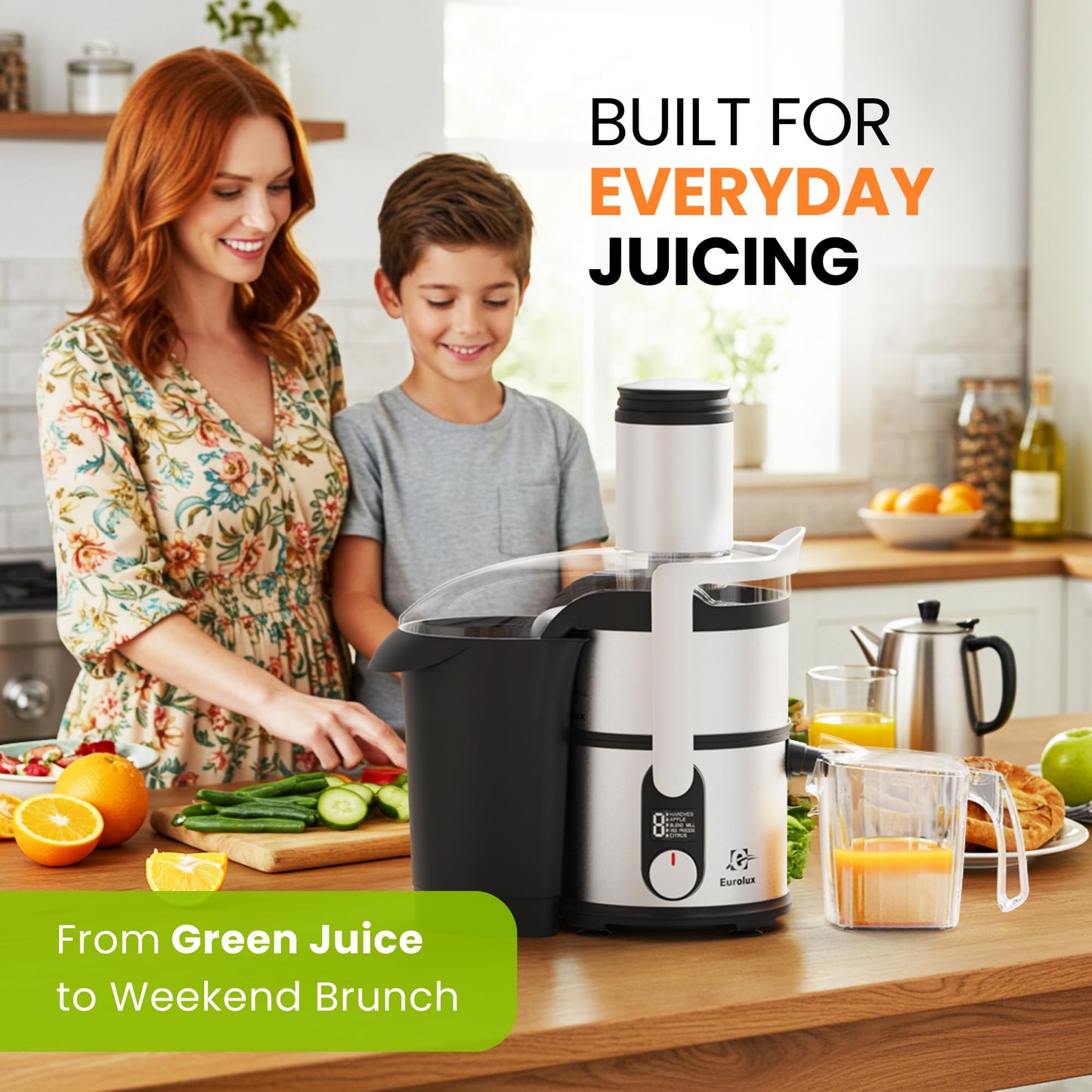 Eurolux Centrifugal Juicer Machine, Easy to Clean Juice Extractor with 3" Feed Chute for Less Cutting, Stainless Steel & BPA-Free