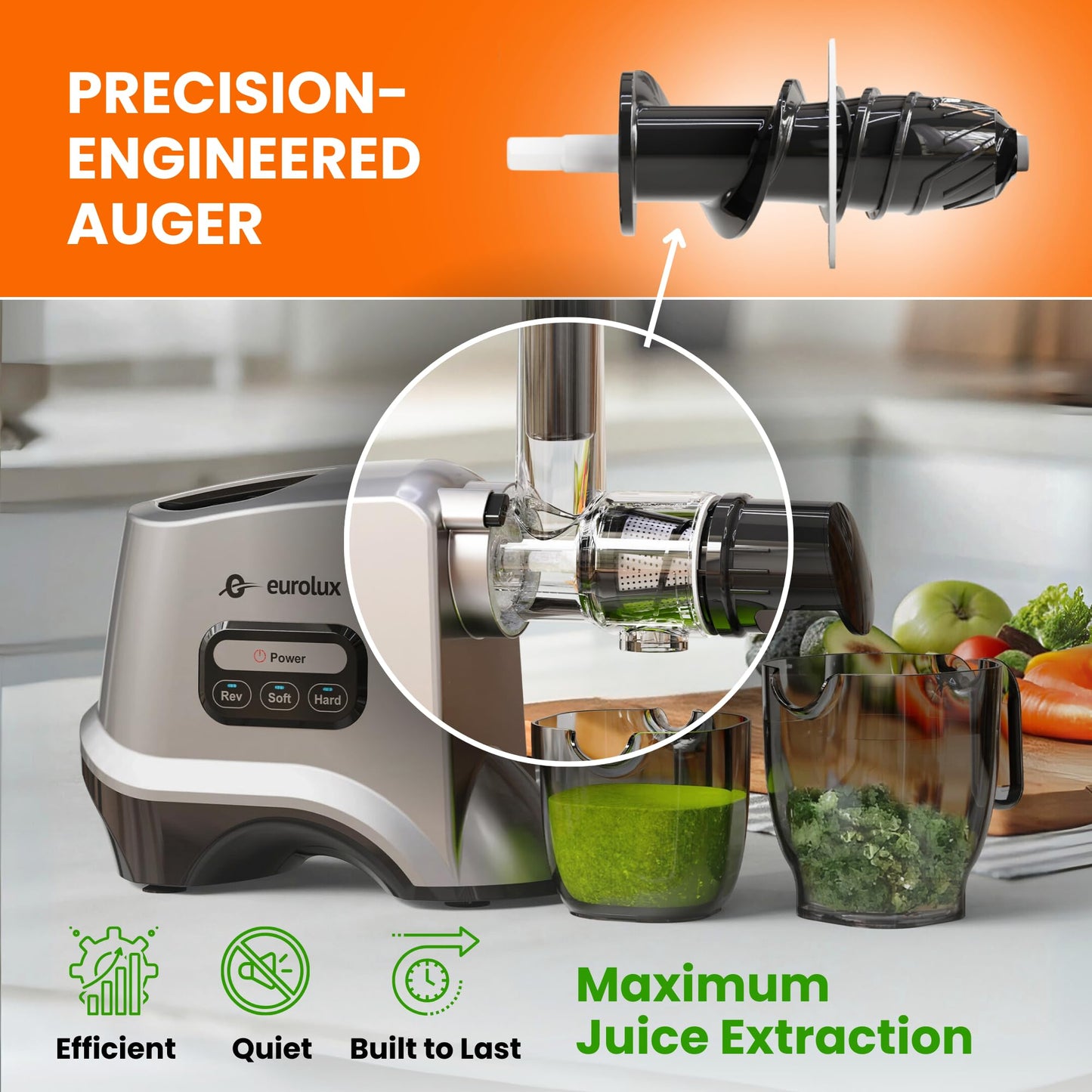 Eurolux Slow Masticating Juicer – Cold Press Machine for High-Yield Juice Extraction – Quiet & Powerful Juicer for Fruits and Vegetables – Easy to Clean, BPA-Free & Nutrient-Rich – Compact Design