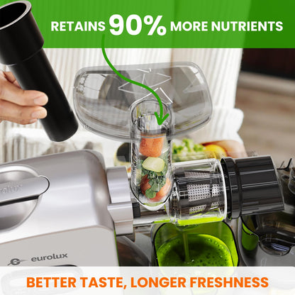 Eurolux Slow Masticating Juicer – Cold Press Machine for High-Yield Juice Extraction – Quiet & Powerful Juicer for Fruits and Vegetables – Easy to Clean, BPA-Free & Nutrient-Rich – Compact Design